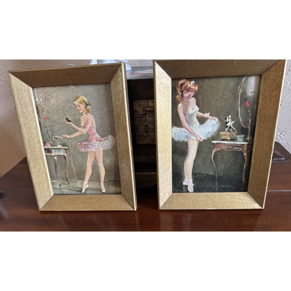 Pair Vintage Rico Tomaso Ballerina Prints - Sheffield Gold Wood Frames 8x6"